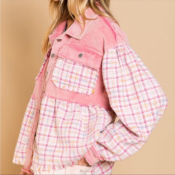 Corduroy Tweed Ballon Sleeves Button Down Pink Woman’s Shacket Jacket - Picture 2 of 9